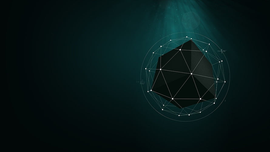 Dark Geometric Polyhedron with Wireframe Network and Mathematical Formulas on Teal Background HD wallpaper