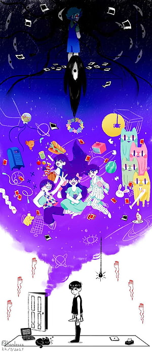 Omori Game Art: Surreal Purple Dreamscape with Characters and Wholesome Elements HD phone wallpaper