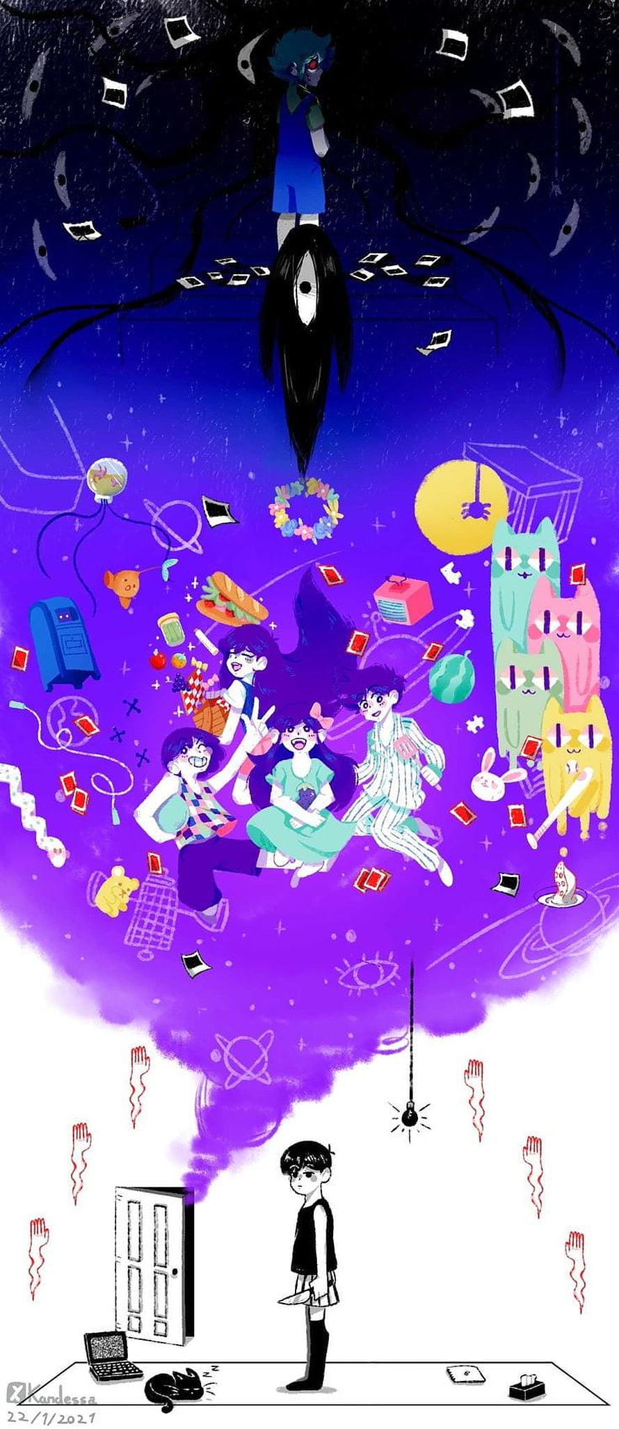 Omori Game Art: Surreal Purple Dreamscape with Characters and Wholesome Elements HD phone wallpaper