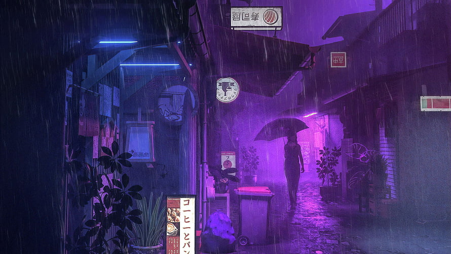 Neon-lit Japanese alleyway in heavy rain with a lone figure walking under an umbrella, cyberpunk atmosphere HD wallpaper