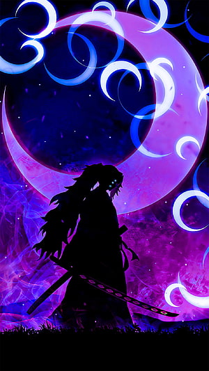 Silhouette of Demon Slayer Character with Nichirin Sword Against Purple Moon and Crescent Motifs HD phone wallpaper