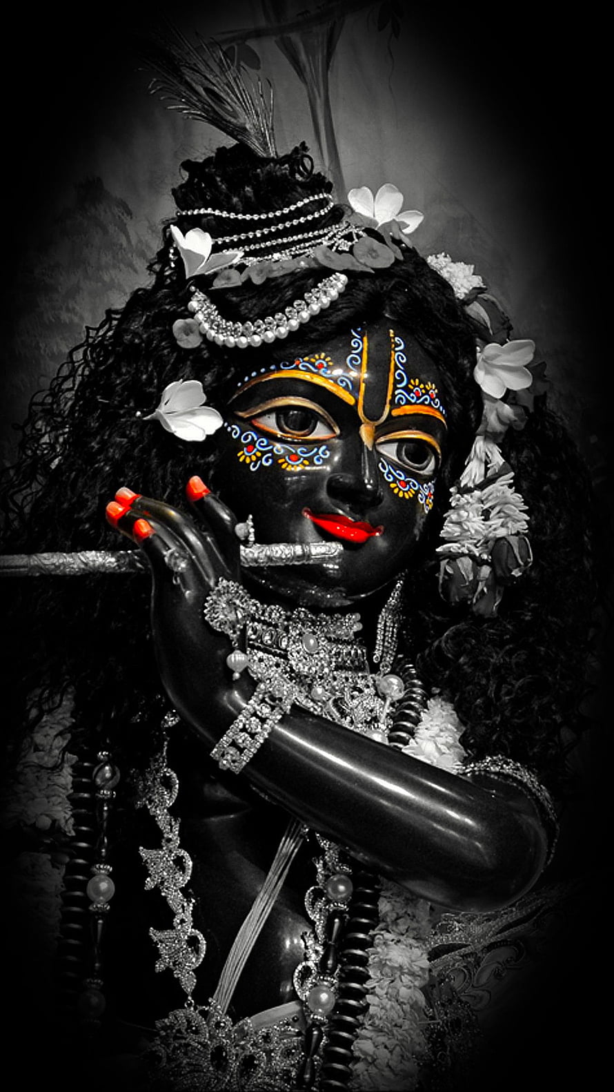 Black Krishna Idol Playing Flute With Red Lips And Peacock Feather Crown HD phone wallpaper