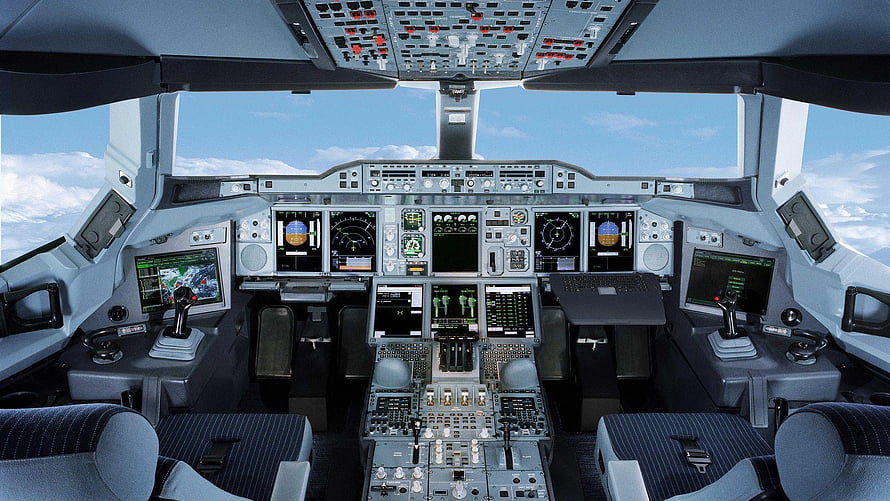 Airbus A380 Flight Deck Cockpit Interior With Digital Displays And Blue Sky View HD wallpaper