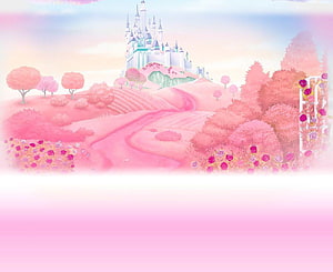 Dreamy Pink Fantasy Landscape With White Castle And Rose Garden HD wallpaper