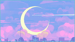 Dreamy Crescent Moon Over City Skyline With Shooting Star And Pastel Clouds HD wallpaper