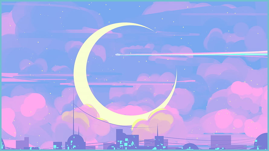 Dreamy Crescent Moon Over City Skyline With Shooting Star And Pastel Clouds HD wallpaper