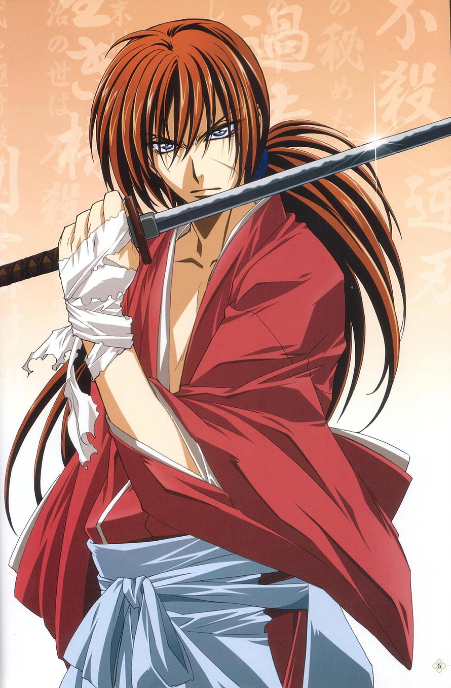 Rurouni Kenshin Himura Battousai in Red Kimono Holding Katana Sword HD phone wallpaper