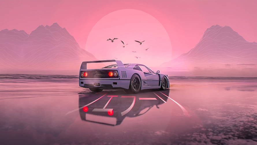 Purple Ford GT40 in Vaporwave Sunset Landscape with Mountains and Birds HD wallpaper