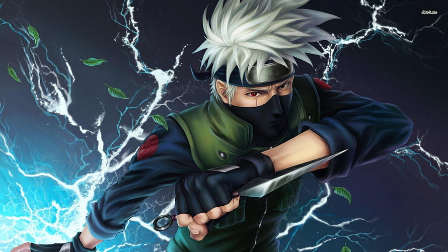 Kakashi Hatake from Naruto wielding a kunai with lightning and floating leaves in a dramatic anime illustration HD wallpaper
