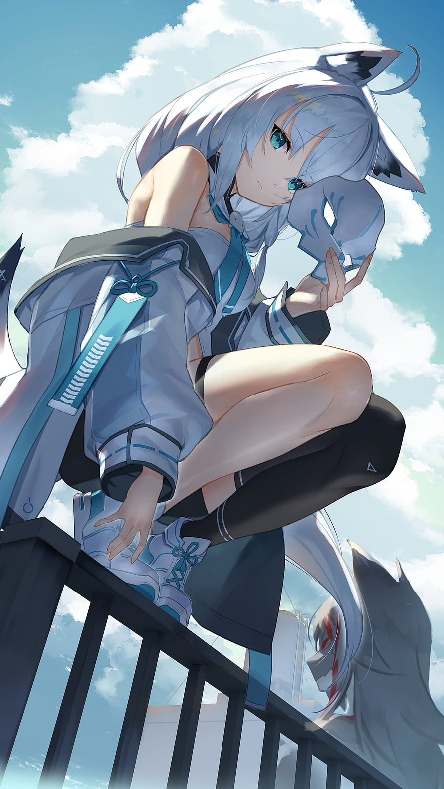 Shirakami Fubuki anime girl with silver hair and wolf ears crouching on a rooftop railing under a bright blue sky HD phone wallpaper
