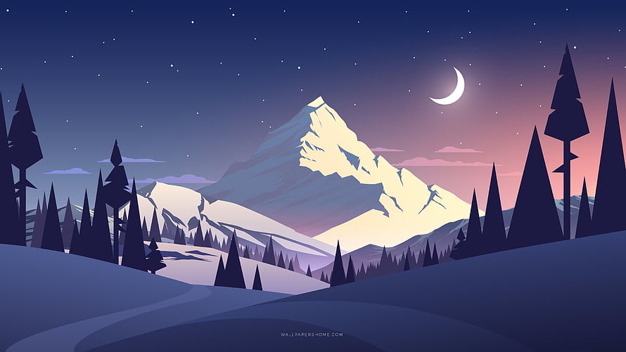 Stylized Winter Mountain Landscape with Crescent Moon and Pine Forest at Night HD wallpaper