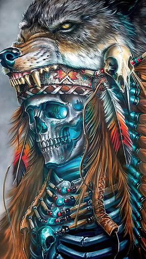 Surreal Wolf Skull Artwork with Beaded Necklaces and Feathers HD phone wallpaper