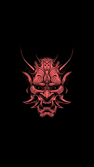 Red Oni Demon Mask with Horns and Fierce Expression on Black Background HD phone wallpaper