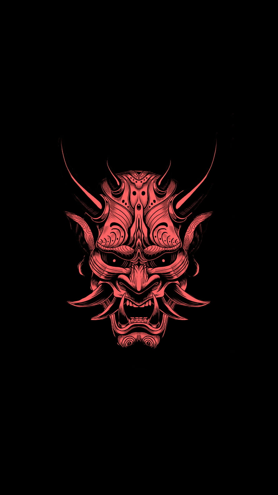 Red Oni Demon Mask with Horns and Fierce Expression on Black Background HD phone wallpaper