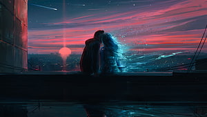 Couple Kissing on Rooftop at Sunset with Glowing Dissolving Effect HD wallpaper