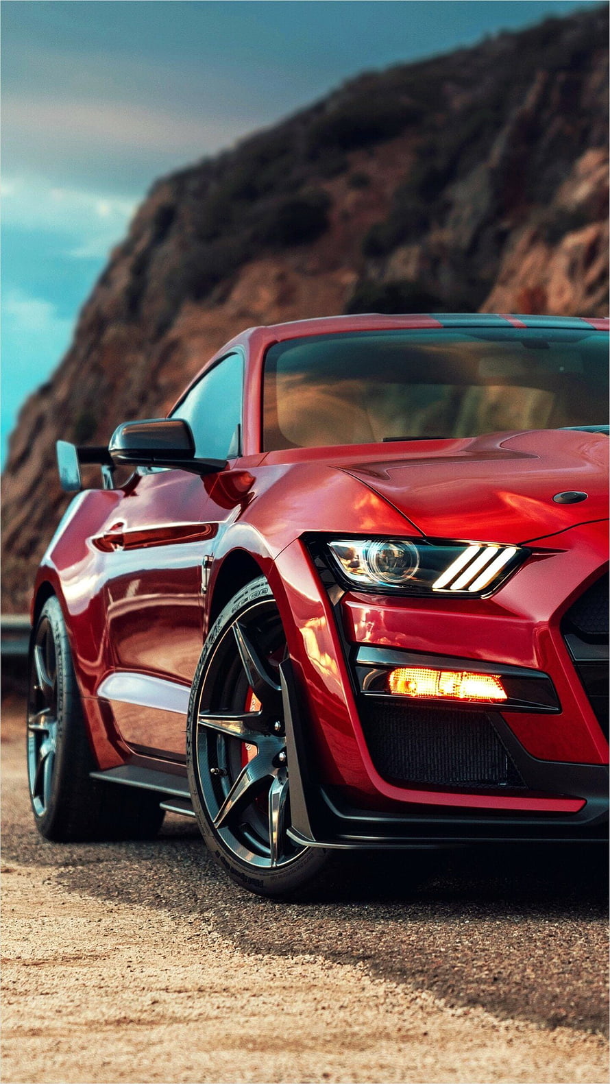 Red Ford Mustang GT Sport Coupe on Mountain Road HD phone wallpaper