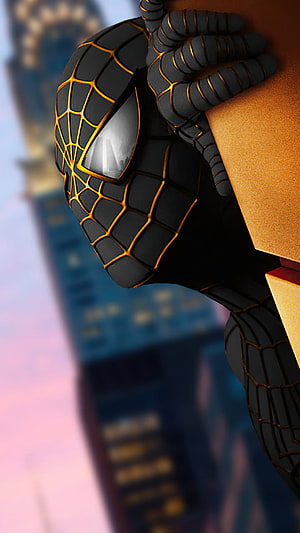 Spider-Man in Black Suit with Gold Web Pattern Clinging to Building, Spider Man Gold, sky, tie, marvel, , spiderman HD phone wallpaper