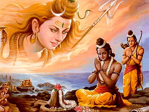 Hindu Mythology Artwork of Shiva, Parvati, and Ganesha Praying by the Ocean HD wallpaper