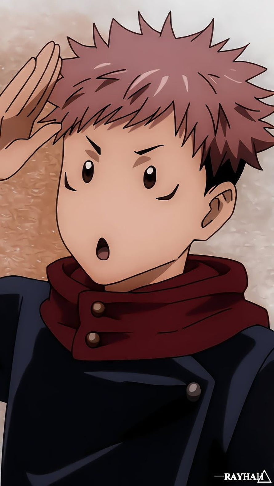 Yuji Itadori from Jujutsu Kaisen anime character portrait with surprised expression and hand gesture HD phone wallpaper