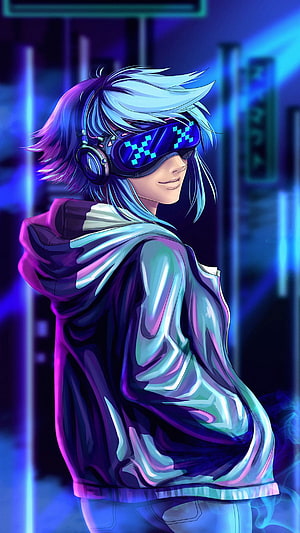 Cyberpunk Anime Boy with Neon Visor and Headphones in Futuristic City HD phone wallpaper