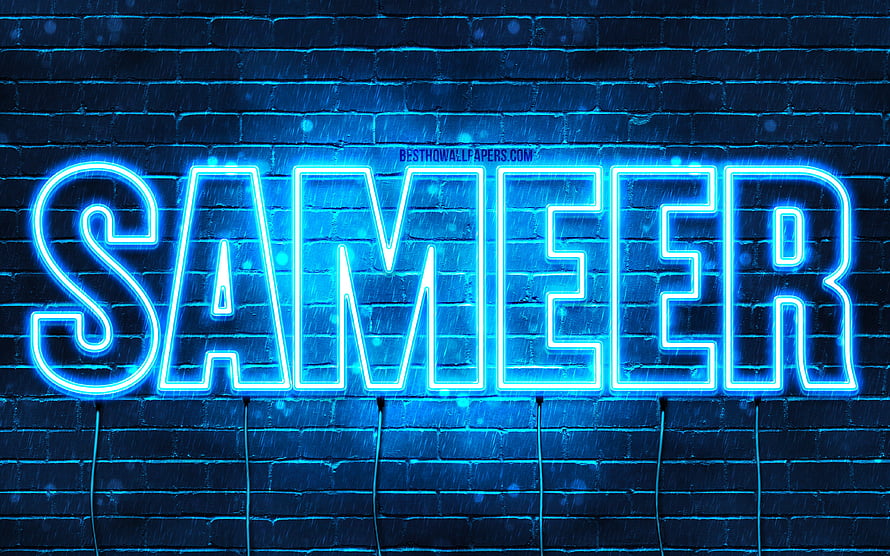 Blue Neon Name Sign on Dark Brick Wall with Rain Effect HD wallpaper