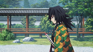 Mitsuri Kanroji from Demon Slayer in a Traditional Japanese Garden Setting HD wallpaper