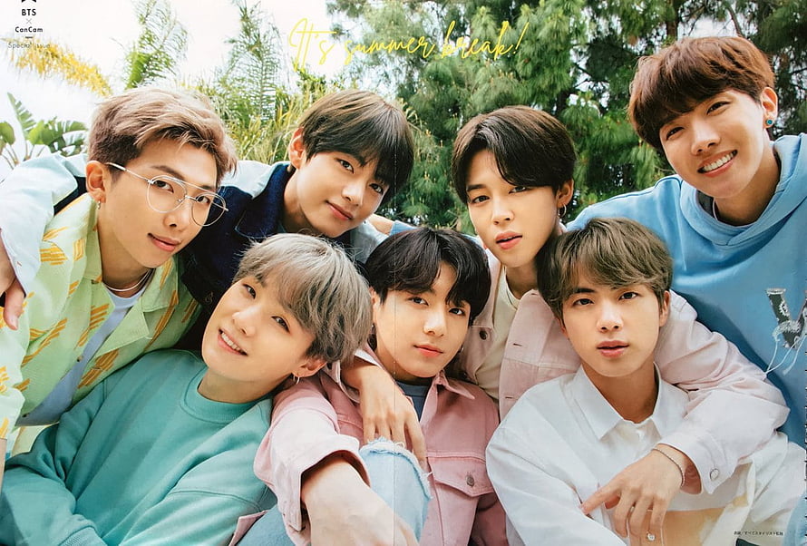 BTS Summer Break Group Photo in Pastel Outdoors Setting HD wallpaper