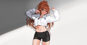 Anime Girl With Red Hair In White Crop Top And Black Shorts HD wallpaper