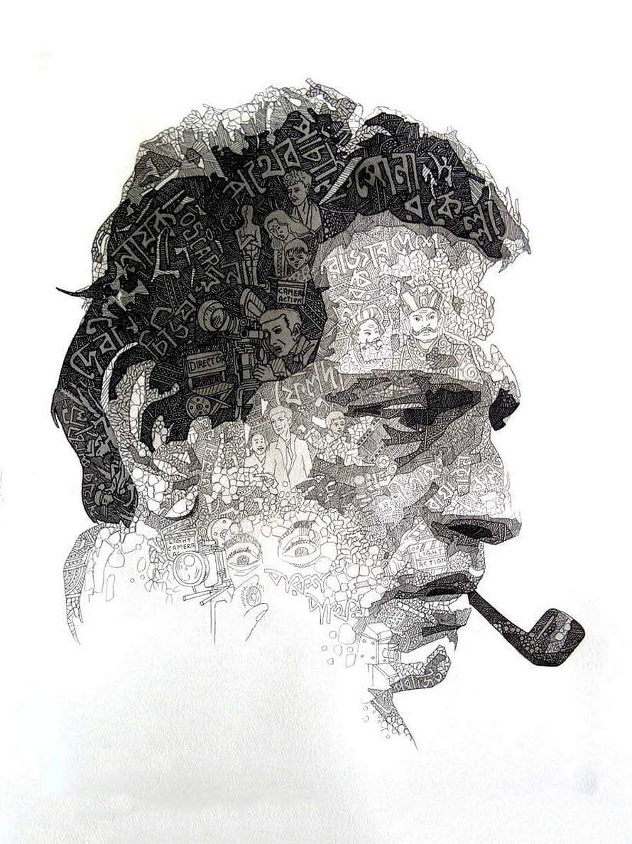 Intricate Satyajit Ray Portrait Illustration Featuring Film Production Elements and Bengali Script HD phone wallpaper