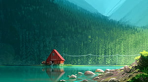 Serene Red Cabin on Lake Shore with Pine Forest and Mountains HD wallpaper