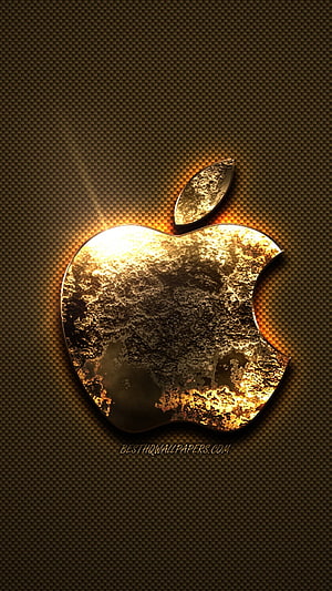 Gilded Apple Logo with Glowing Edge on Dark Textured Background HD phone wallpaper