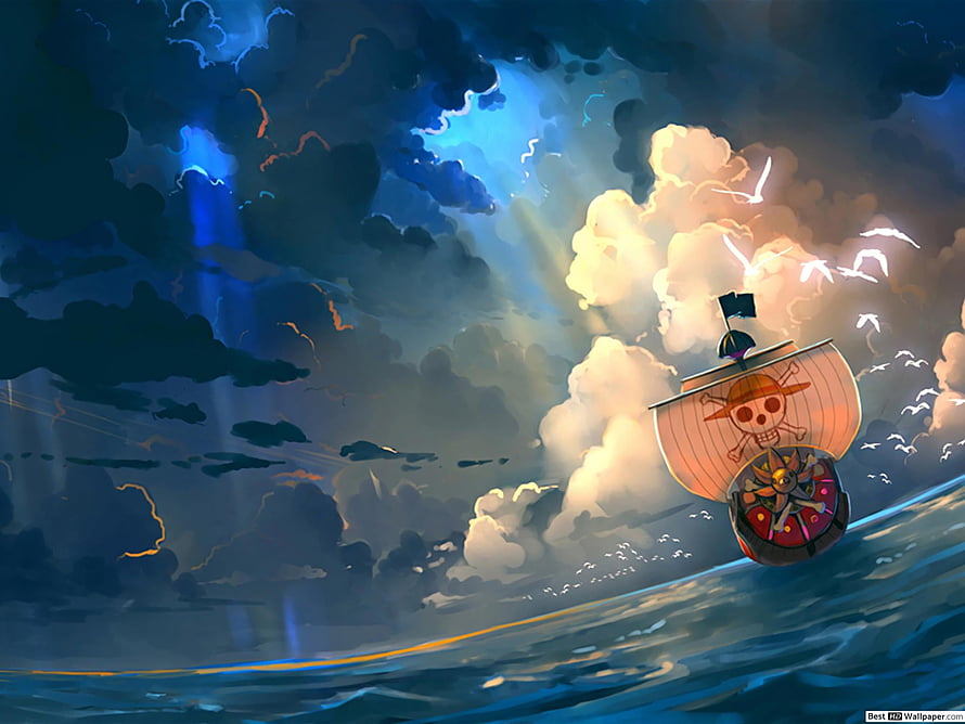 One Piece Thousand Sunny sailing through dramatic storm clouds and ocean waves HD wallpaper