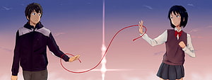 Your Name Anime Tachibana Taki and Mitsuha Connected by Red Thread at Sunset HD wallpaper