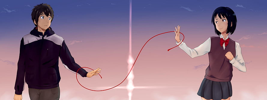 Your Name Anime Tachibana Taki and Mitsuha Connected by Red Thread at Sunset HD wallpaper