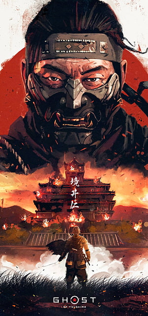 Ghost of Tsushima Jin Sakai Masked Portrait with Burning Castle Background HD phone wallpaper