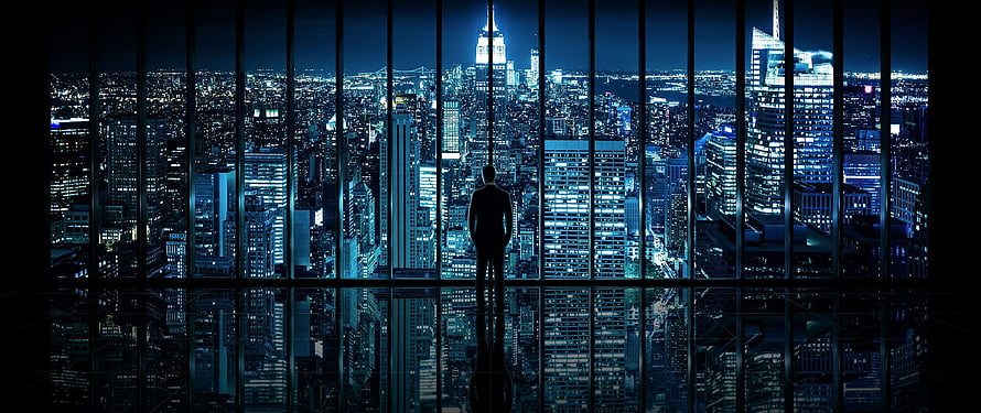 Silhouette of a businessman standing in a high-rise office overlooking a sprawling city skyline at night, One Piece Ultrawide Best Of Ultra Wide Group, 2560X1080 Ultra Wide HD wallpaper