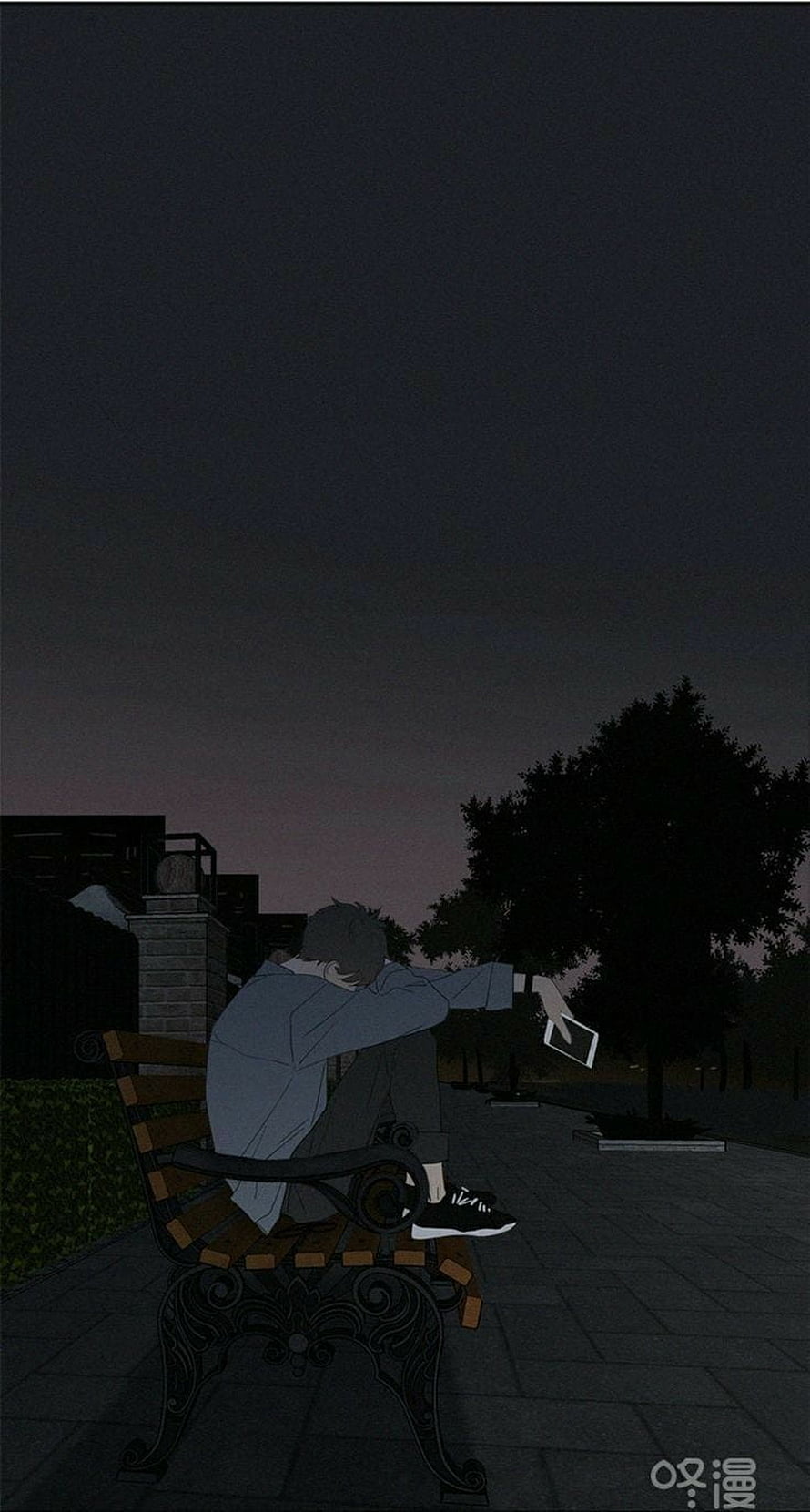 Sad Anime Boy Sitting on Park Bench at Night Holding Phone HD phone wallpaper