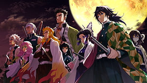 Demon Slayer Hashira Group Portrait Under Giant Moon HD wallpaper