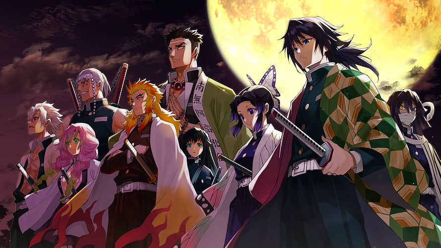 Demon Slayer Hashira Group Portrait Under Giant Moon HD wallpaper