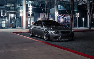 Matte Gray BMW M3 E92 Coupe Parked at Night in Urban Setting HD wallpaper