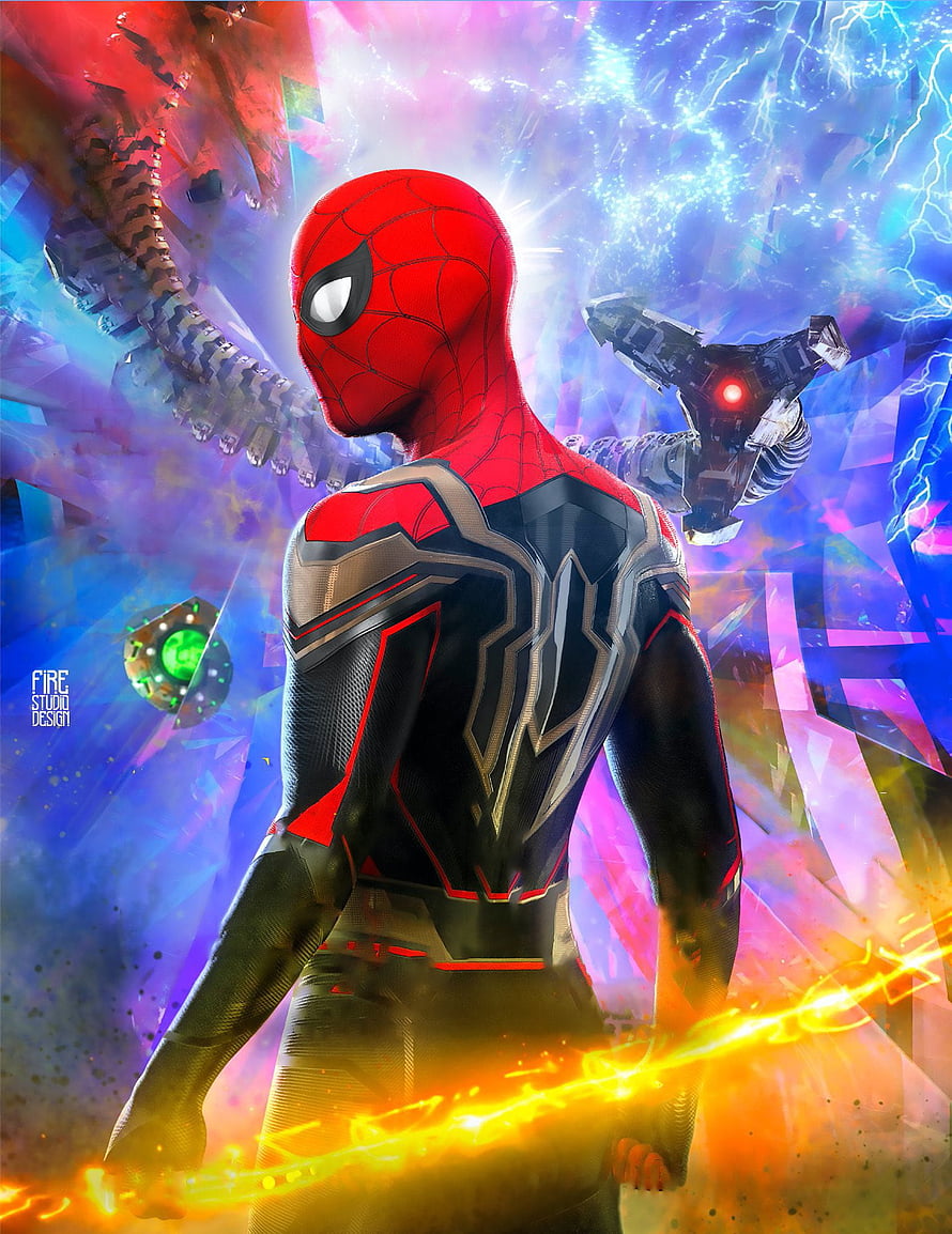 Spider-Man in Iron Spider Suit Facing Doctor Octopus and Multiverse Energy, Spider Man No Way Home, spiderman, Marvel HD phone wallpaper