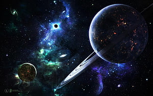 Majestic Ringed Planet and Nebula in Deep Space HD wallpaper