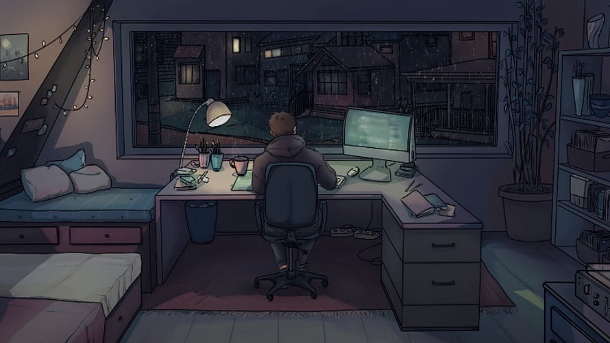 Cozy Bedroom Illustration of Person Working at Desk at Night HD wallpaper