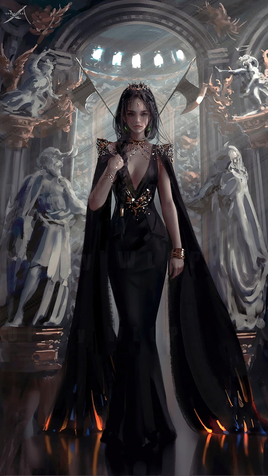 Princess Aeolian by WLOP in a Regal Black Gown with Crown and Cape in a Grand Hall HD phone wallpaper