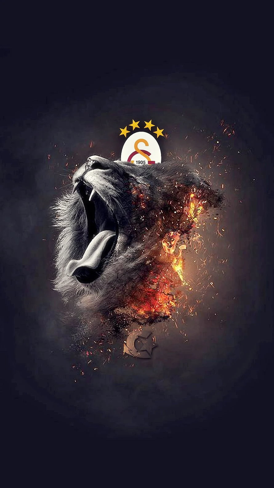 Galatasaray roaring lion crest with fiery embers and stars on dark background HD phone wallpaper