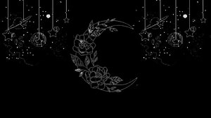 Ethereal Black and White Celestial Moon with Hanging Stars and Floral Vines HD wallpaper