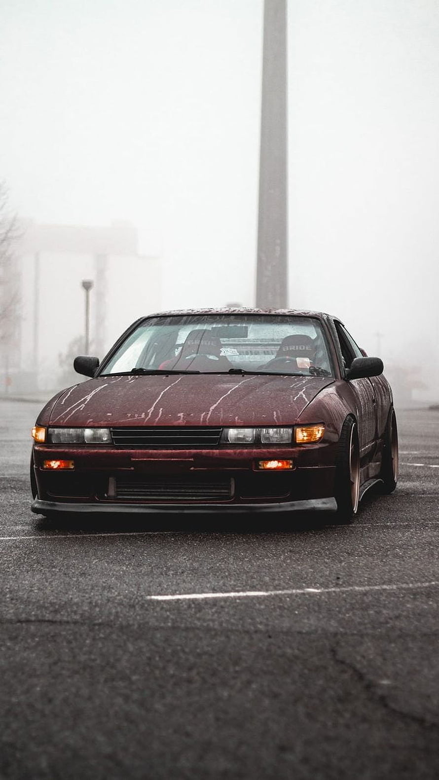 Modified Nissan Silvia S13 Coupe in Deep Maroon on a Foggy Asphalt Road HD phone wallpaper