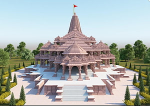 Grand Pink Sandstone Hindu Temple Architecture with Intricate Carvings and Red Flag HD wallpaper