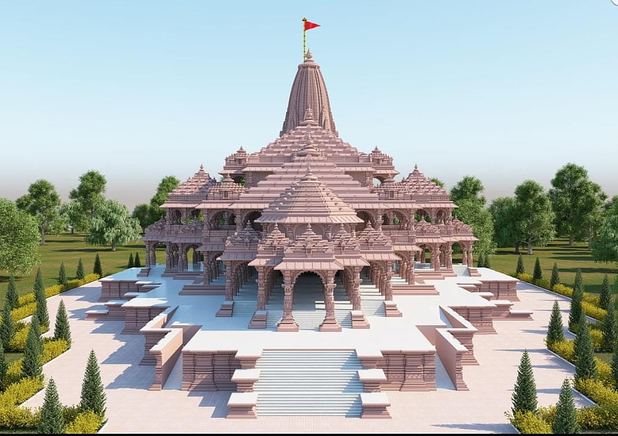 Grand Pink Sandstone Hindu Temple Architecture with Intricate Carvings and Red Flag HD wallpaper
