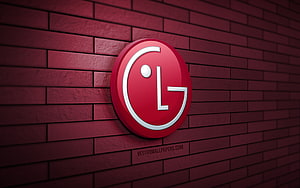 LG 3D Logo Emblem Mounted on a Deep Red Brick Wall Surface HD wallpaper